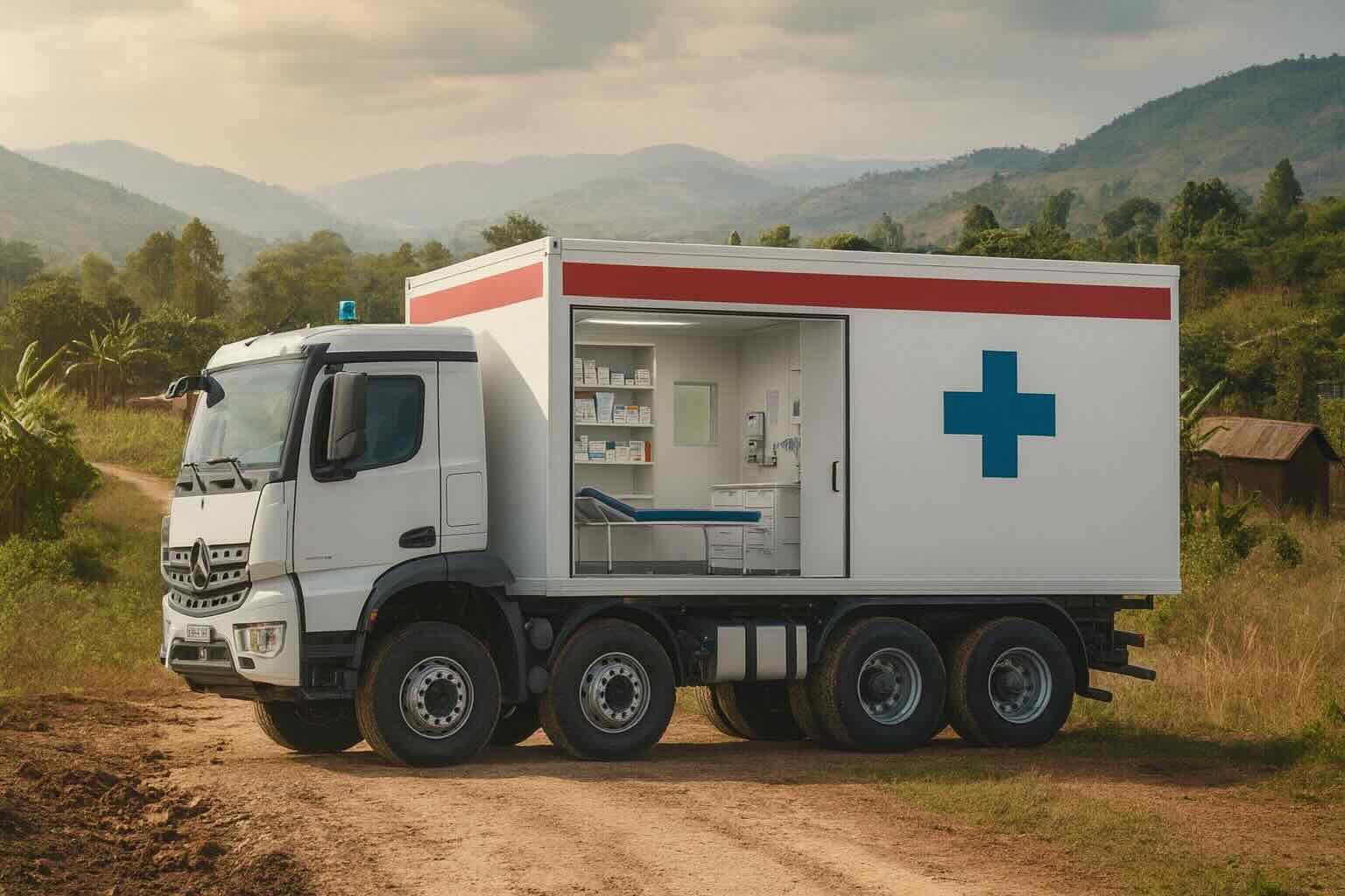 Geöffneter Medizintruck mit medizinischer Ausstattung für die Region Mityana