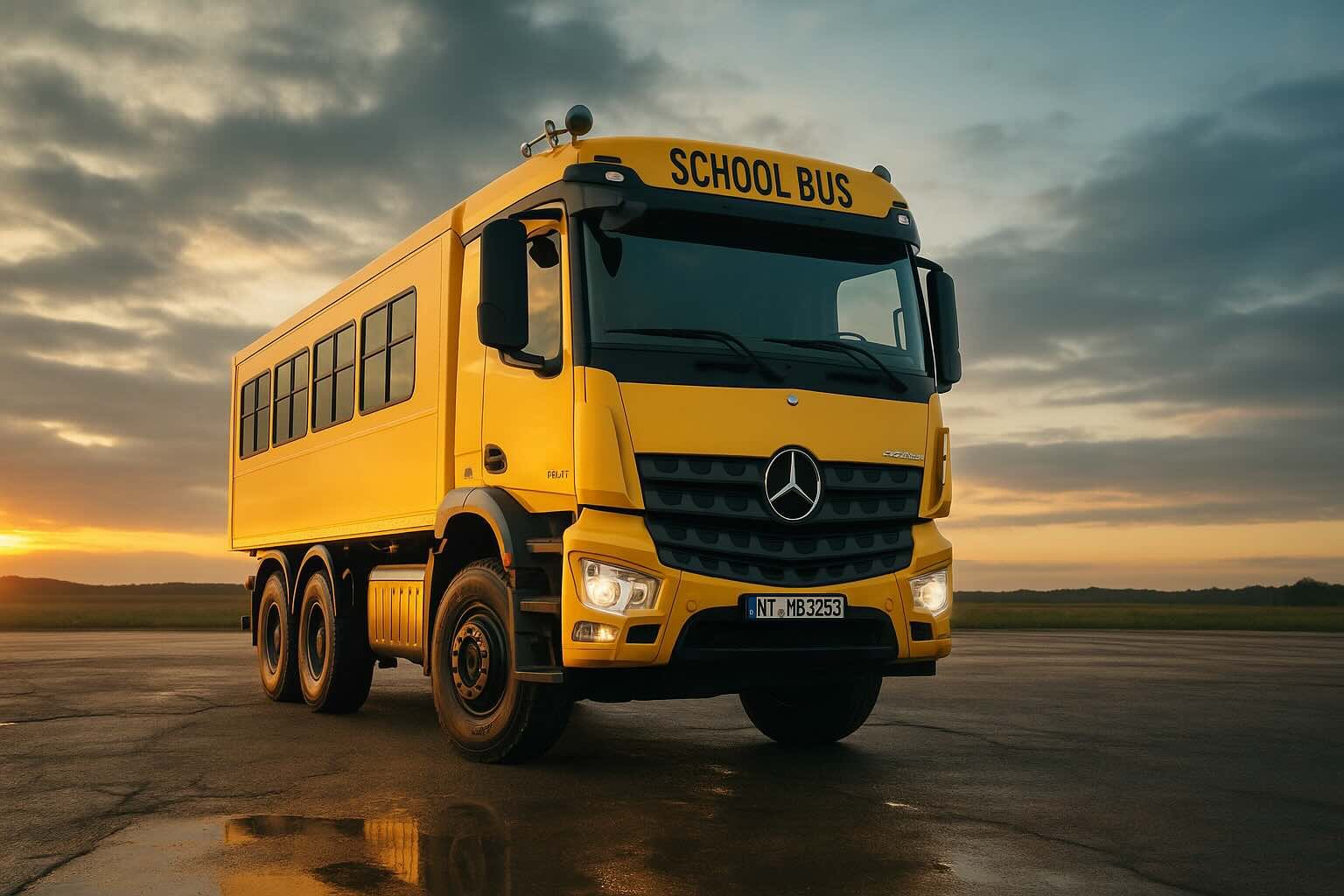 Der Schultruck der Jona Foundation auf einer Piste bei Mityana im Abendlicht