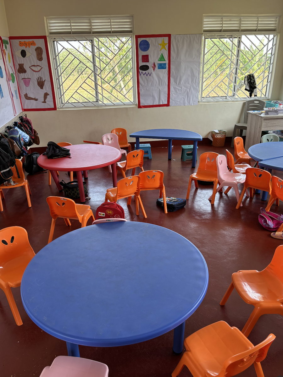 Der Gruppenraum mit Tischen und Stühlen in Kindergröße und Rucksäcken an der Wand