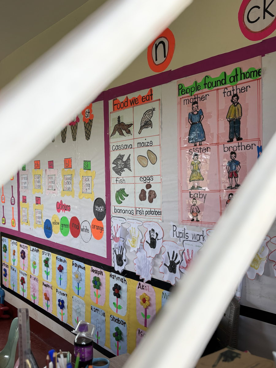 Selbstgemalte Lernplakate an der Wand: Buchstaben, Farben, Essen und Familie